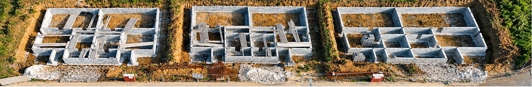 Vue aérienne : trois soubassements de maisons en blocs béton